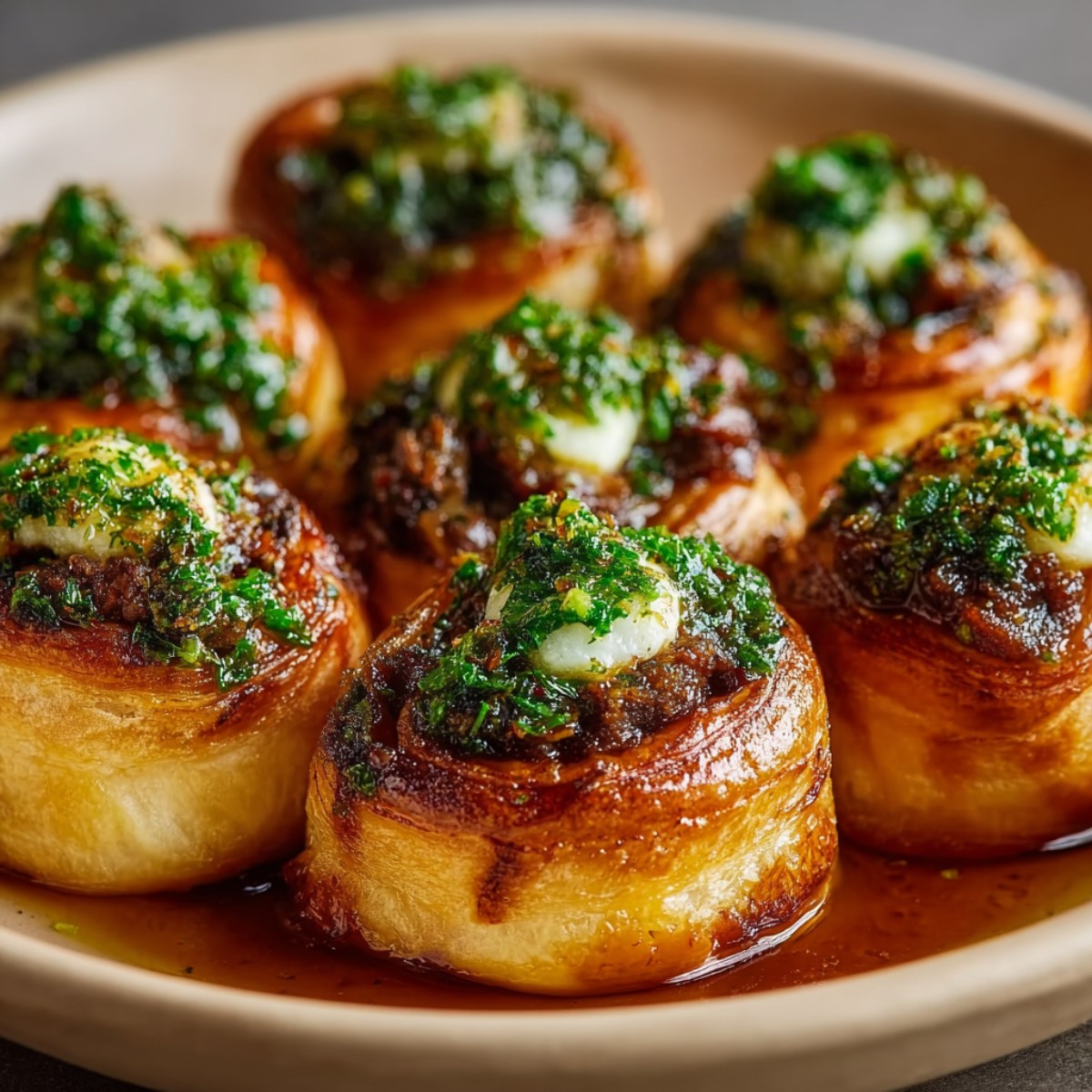 Golden-brown garlic parmesan cheeseburger bombs with flaky pastry exterior, filled with seasoned beef and melted cheese, topped with vibrant green garlic herb butter, arranged on a white plate in savory sauce.