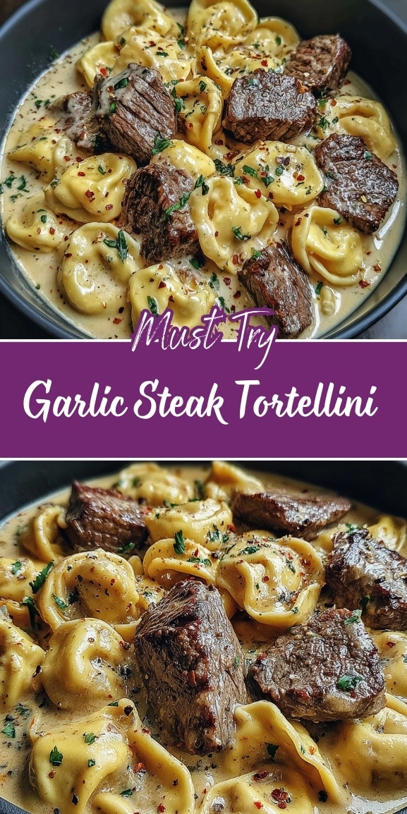Garlic steak tortellini in a rich creamy sauce with juicy steak pieces, cheese-filled tortellini, and fresh herbs sprinkled on top