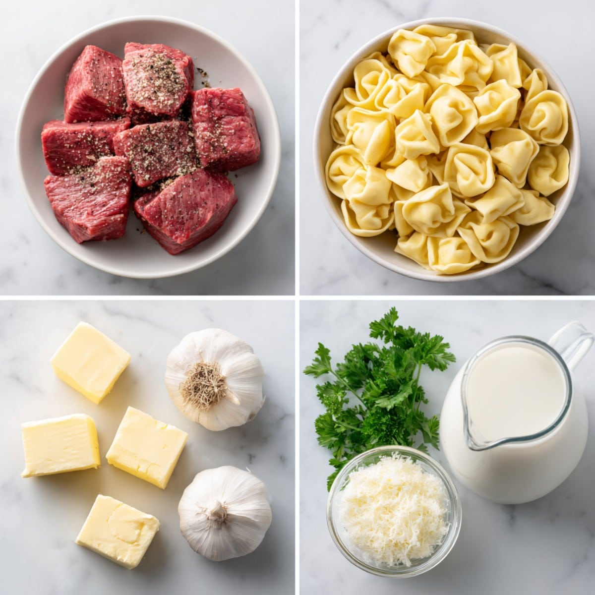 Ingredients for garlic steak tortellini arranged in bowls and jugs in a 4-panel flat lay on a white marble kitchen counter.