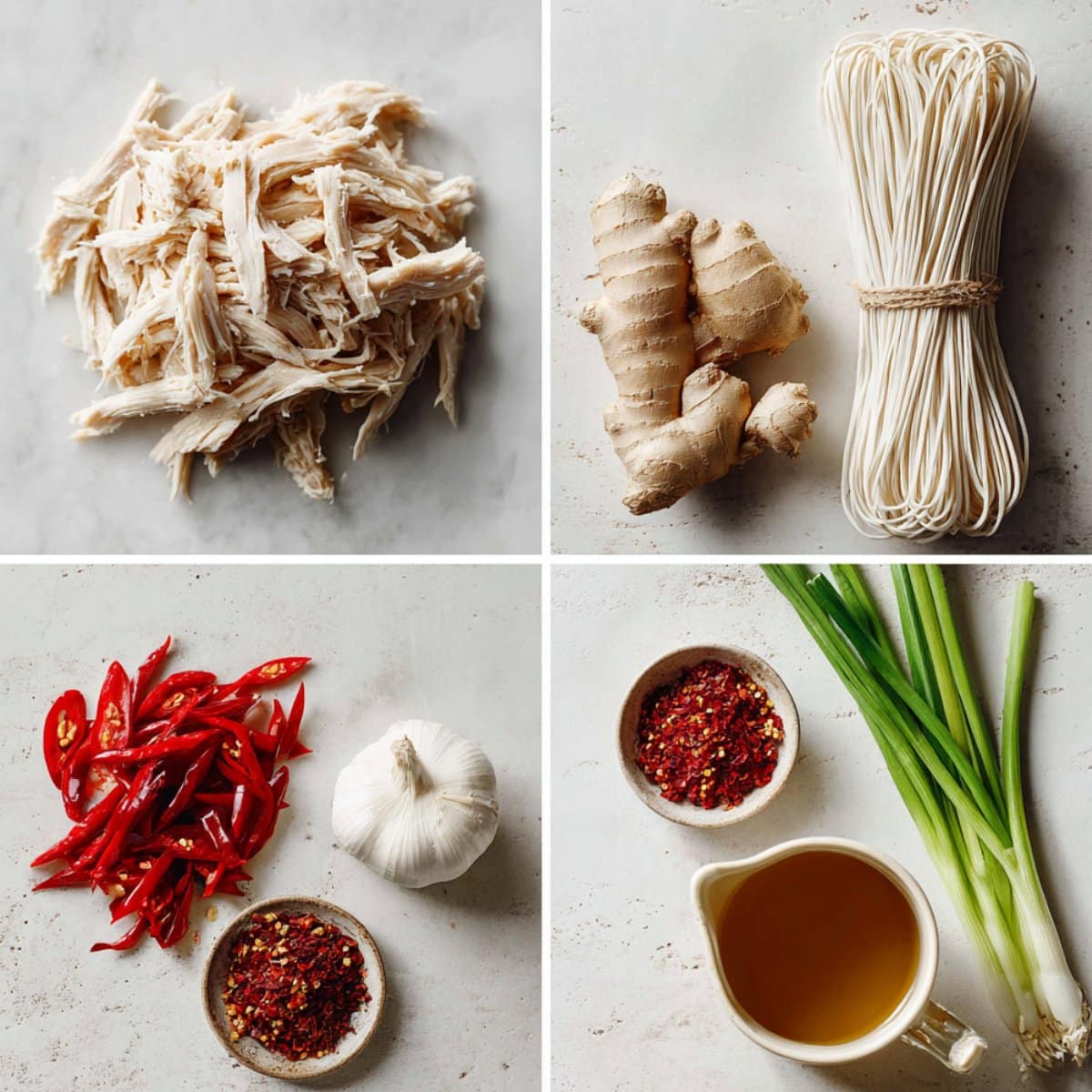Ingredients for Ginger Garlic Chicken Noodle Soup arranged in a 4-panel flat lay on a dark rustic table.