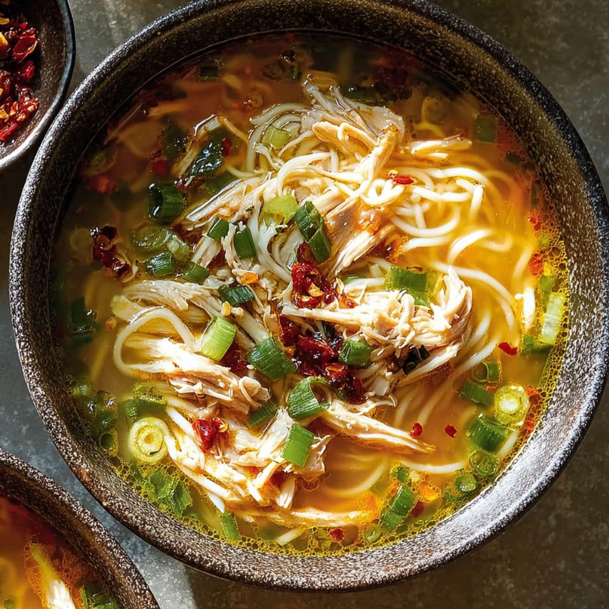 Ginger garlic chicken noodle soup with tender shredded chicken, slurpable noodles, green onions, and chili flakes in a rich golden broth, served hot in a rustic bowl.