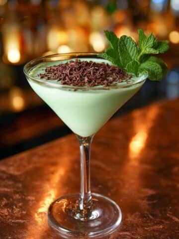 Creamy green grasshopper cocktail in a martini glass, topped with chocolate shavings and fresh mint, served on a bar counter with warm background lighting.