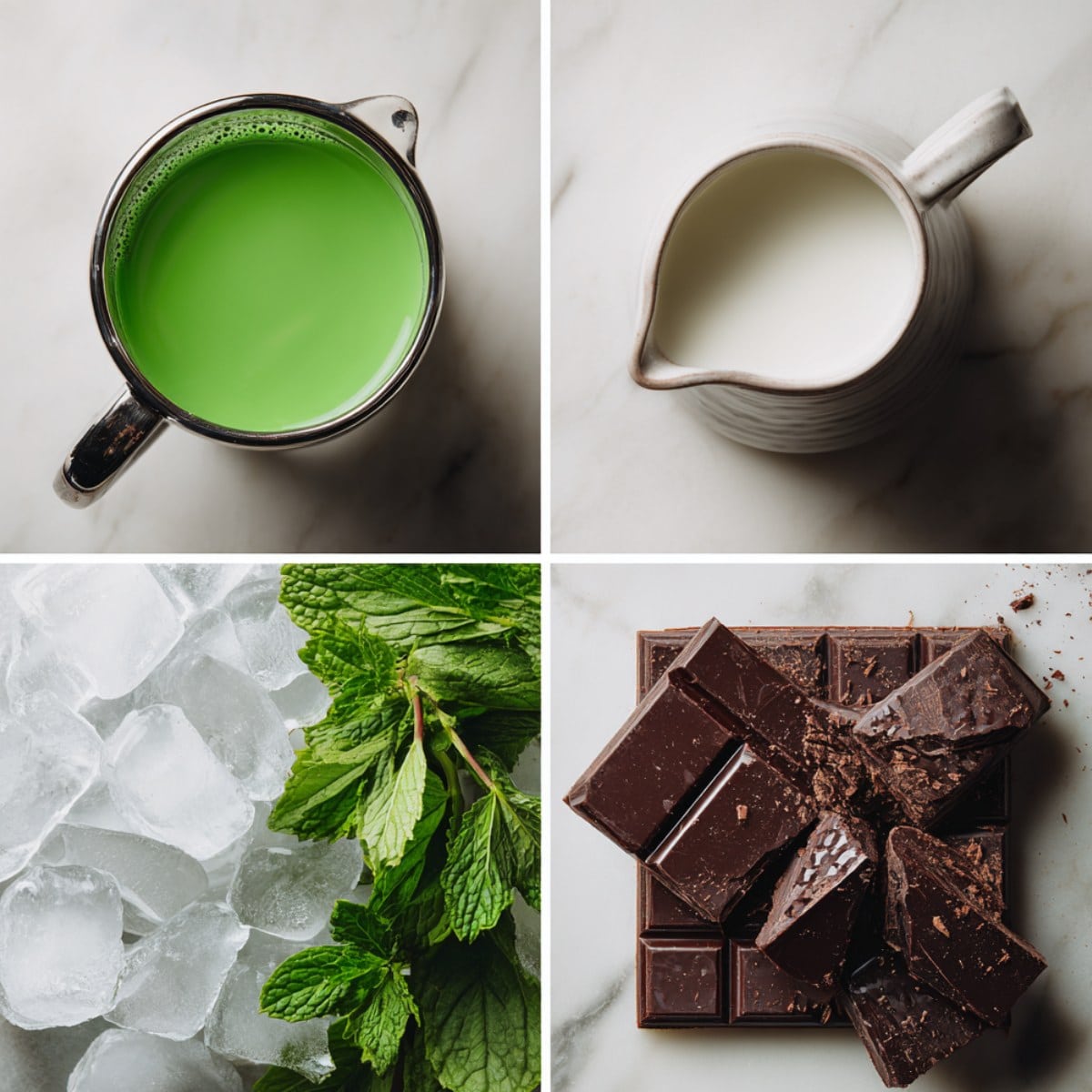 Ingredients for a Grasshopper cocktail arranged in a 4-panel flat lay on a dark bar surface.
