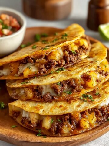 Stack of crispy ground beef and potato tacos with melted cheese, seasoned ground beef, diced potatoes, and fresh herbs on a wooden plate, served with pico de gallo and lime wedges