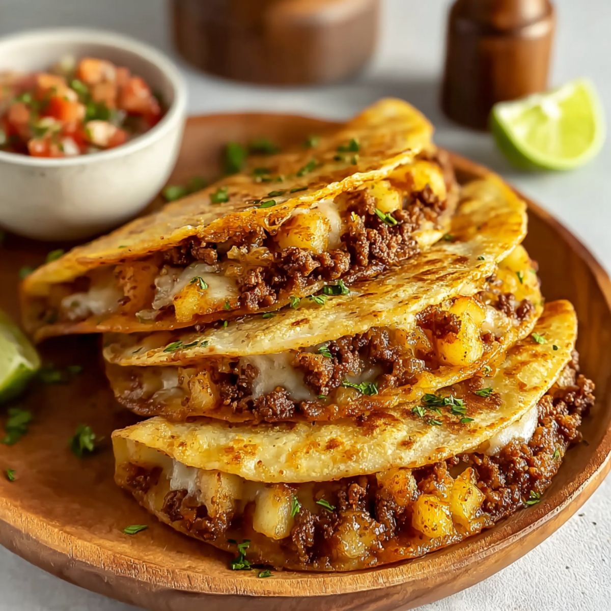 Stack of crispy ground beef and potato tacos with melted cheese, seasoned ground beef, diced potatoes, and fresh herbs on a wooden plate, served with pico de gallo and lime wedges