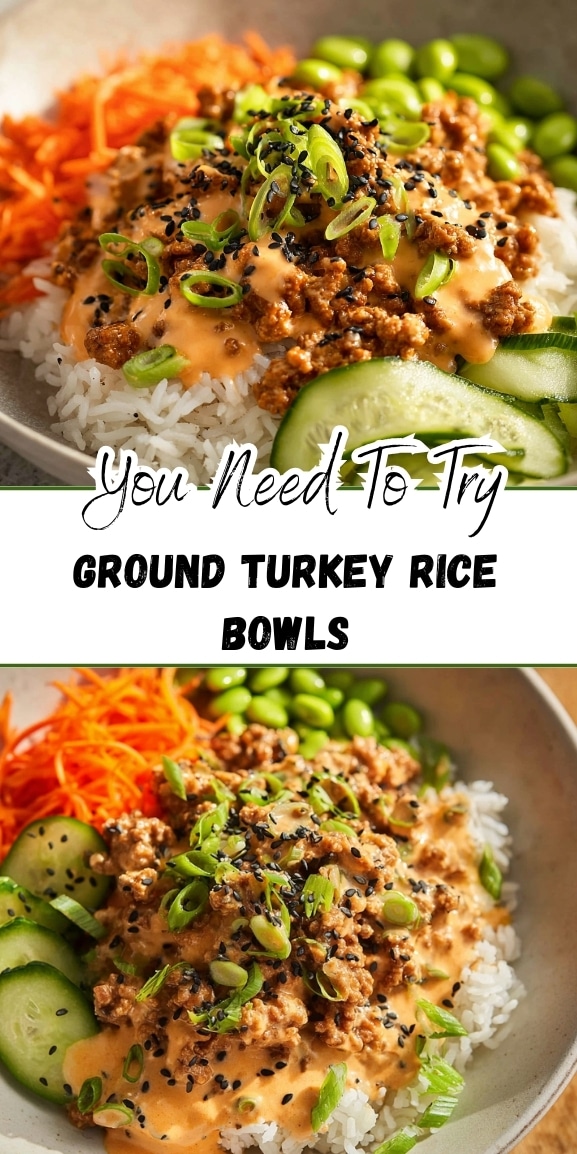 Ground turkey rice bowls with creamy sesame sauce, white rice, cucumber slices, shredded carrots, edamame, green onions, and black sesame seeds