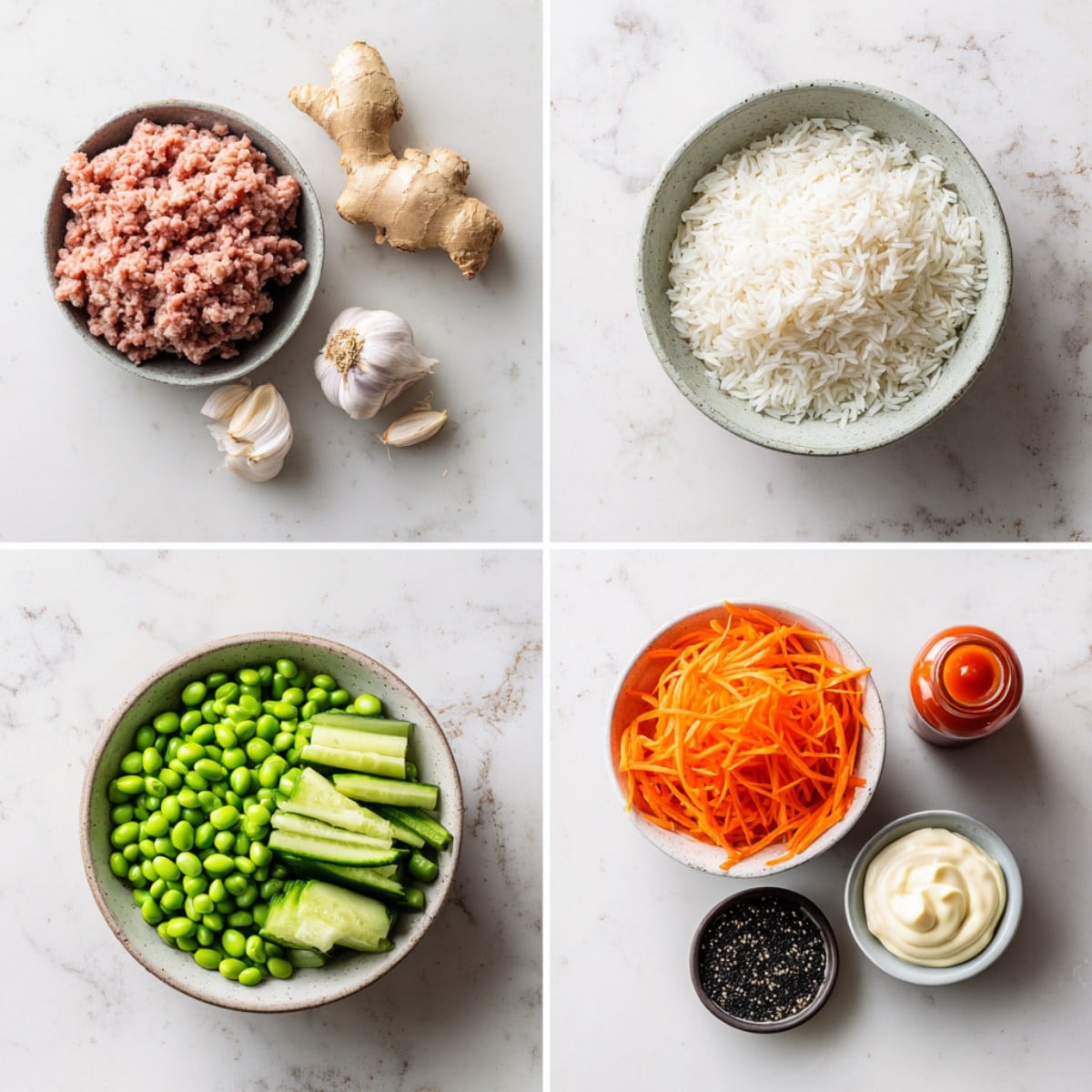 Ingredients for ground turkey rice bowls arranged in a 4-panel flat lay on a white marble kitchen counter.
