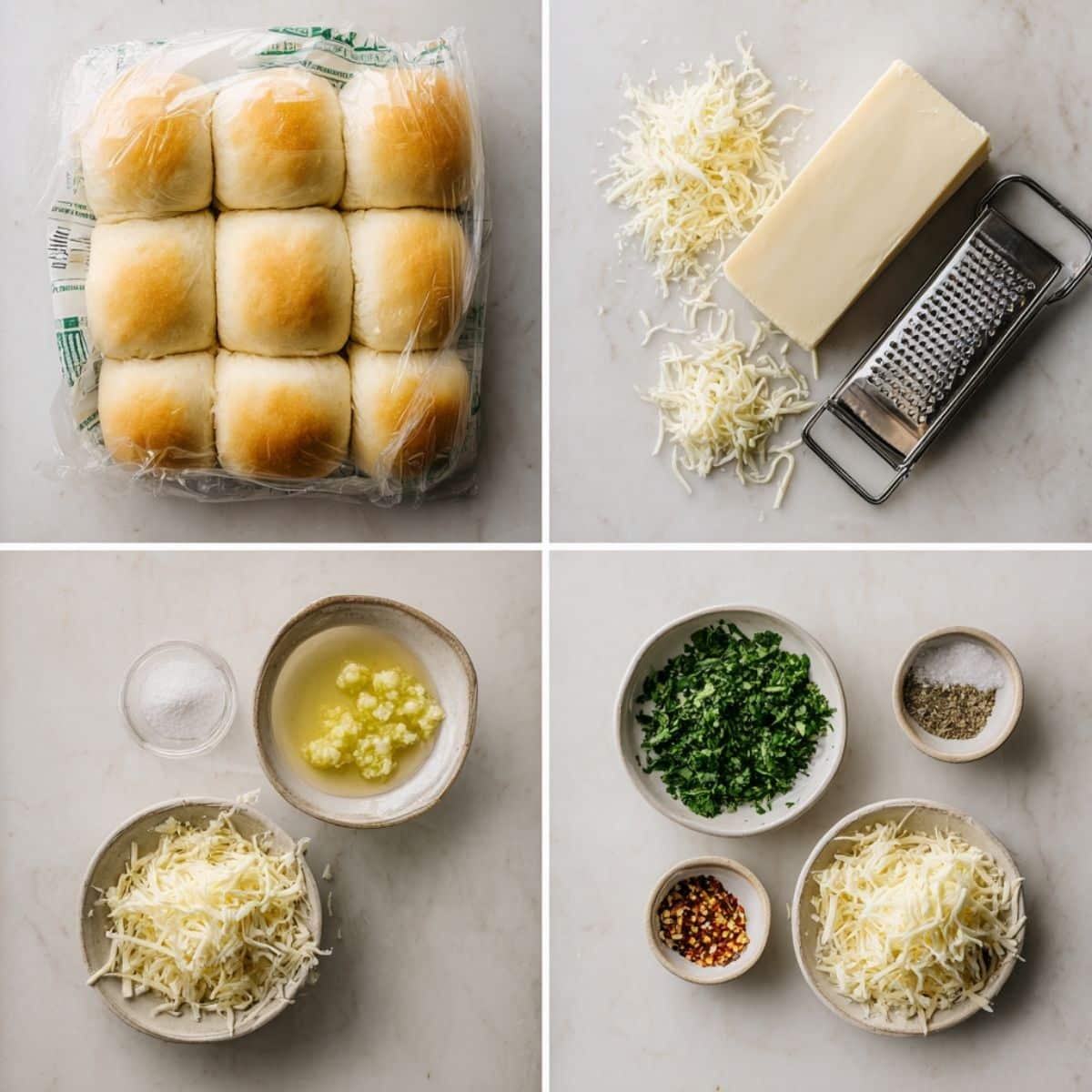 Ingredients for Hawaiian Roll Garlic Bread arranged in a 4-panel flat lay on a white marble kitchen counter.