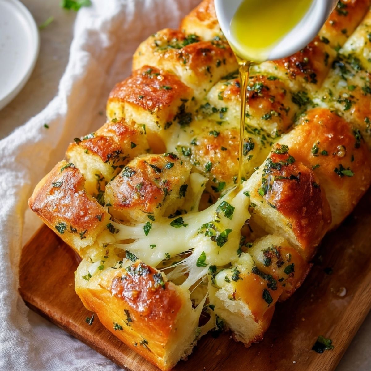 Cheesy Hawaiian roll garlic bread with melted mozzarella and herbs, shown with a buttery cheese pull as garlic butter is poured over the rolls