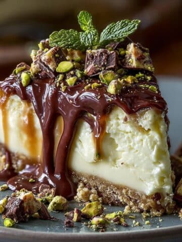 Pistachio white chocolate cheesecake slice with creamy filling, chocolate drizzle, chopped pistachios, and a buttery cookie crust on a dark plate.