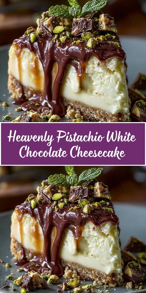 Pistachio white chocolate cheesecake slice with creamy filling, chocolate drizzle, chopped pistachios, and a buttery cookie crust on a dark plate.