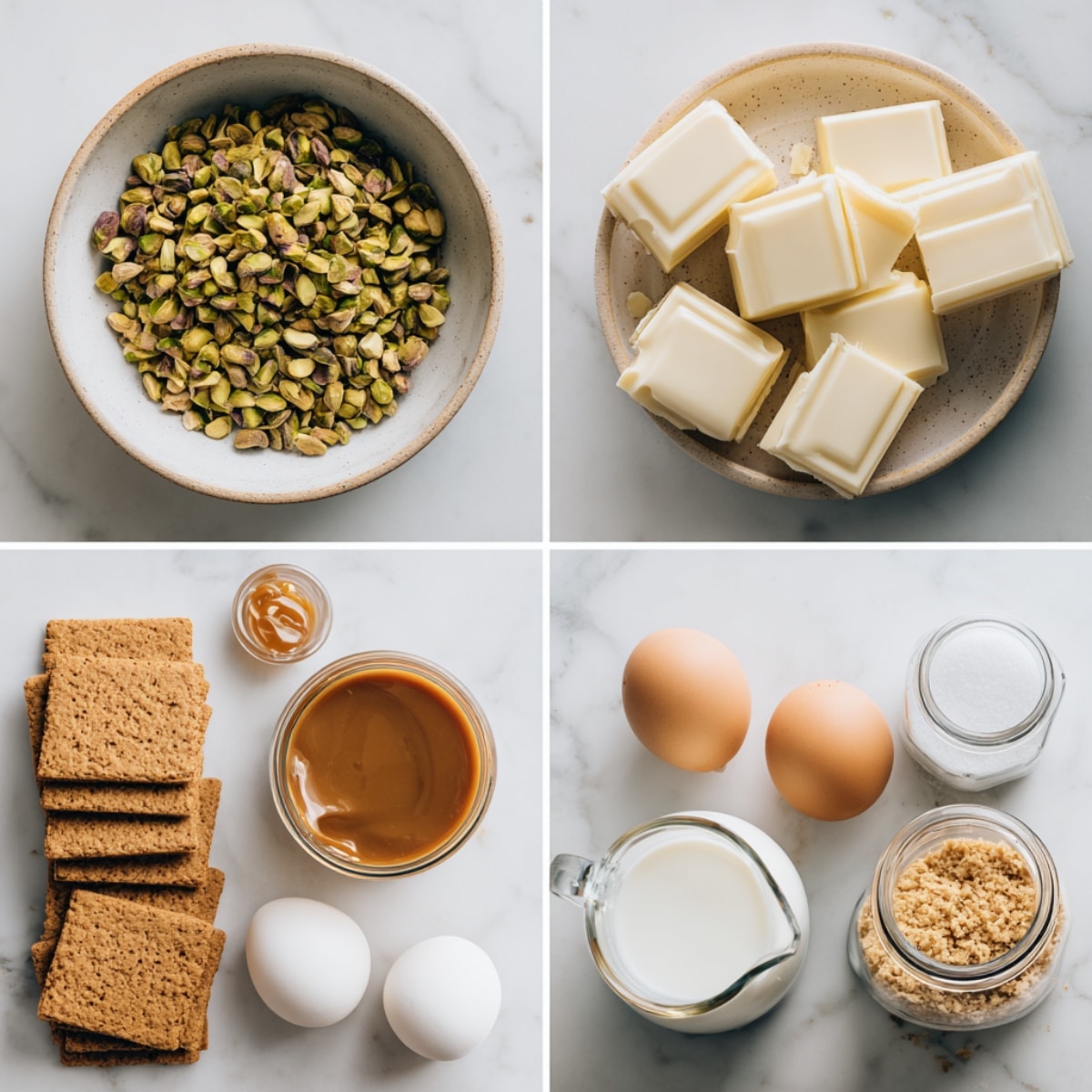 Ingredients for Heavenly Pistachio White Chocolate Cheesecake arranged in a 4-panel flat lay on a white marble kitchen counter.