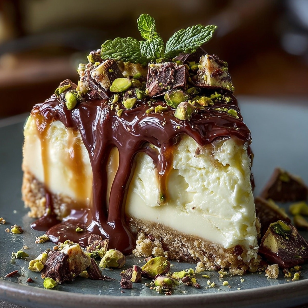 Pistachio white chocolate cheesecake slice with creamy filling, chocolate drizzle, chopped pistachios, and a buttery cookie crust on a dark plate.