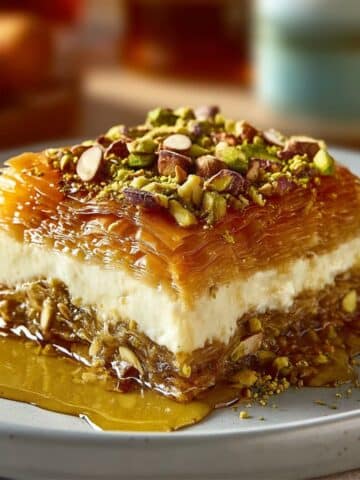 Honey pistachio baklava cheesecake with crispy phyllo layers, creamy cheesecake filling, chopped pistachios, and glossy honey syrup dripping onto the plate.