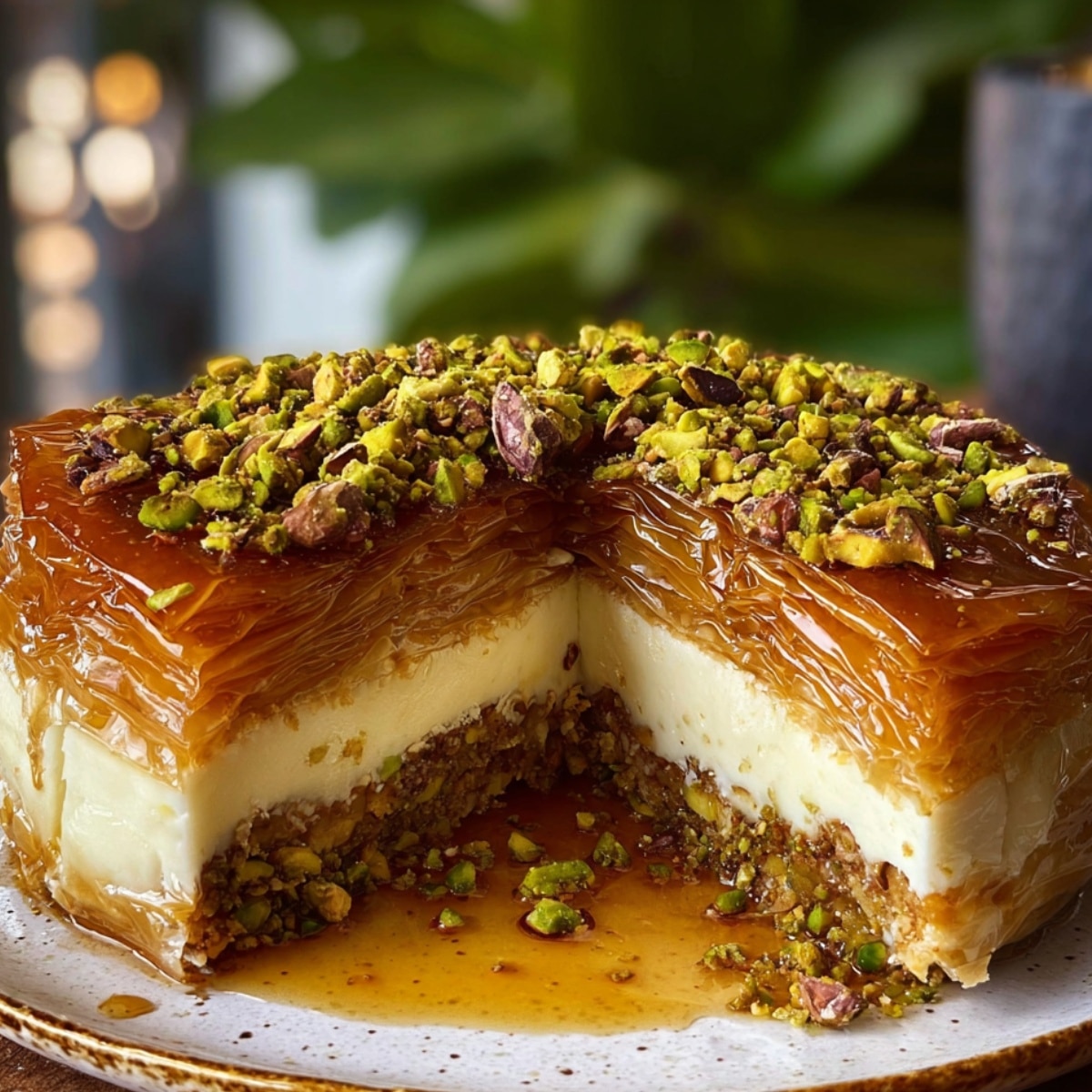 Honey pistachio baklava cheesecake with flaky phyllo layers, creamy cheesecake filling, chopped pistachios, and honey syrup dripping from a sliced center.