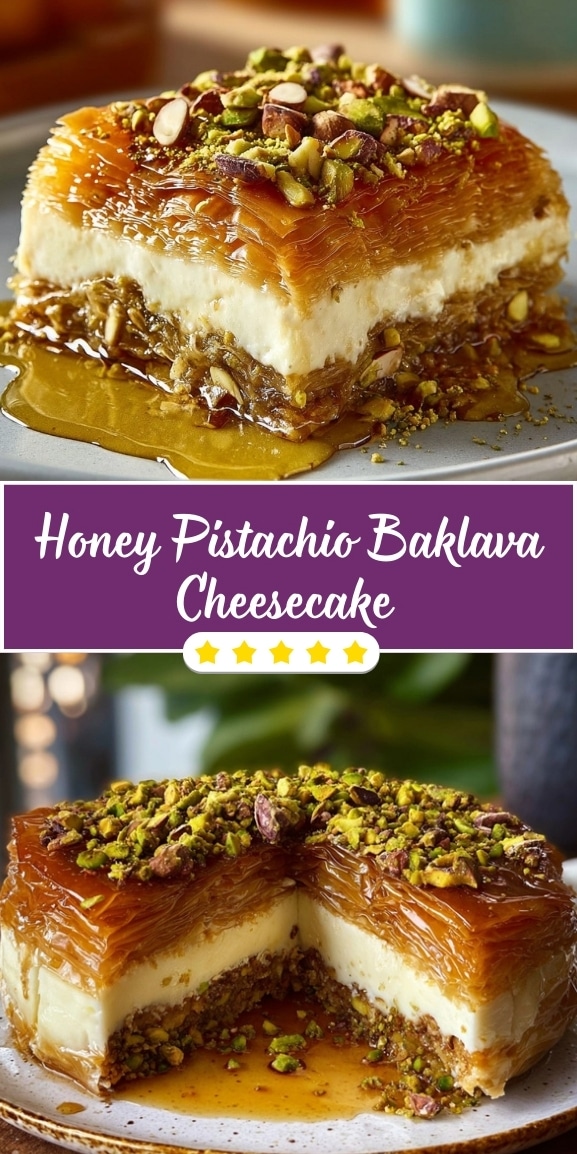 Honey pistachio baklava cheesecake layered with flaky phyllo, creamy cheesecake filling, chopped pistachios, and honey syrup, shown as a finished dessert and sliced serving.