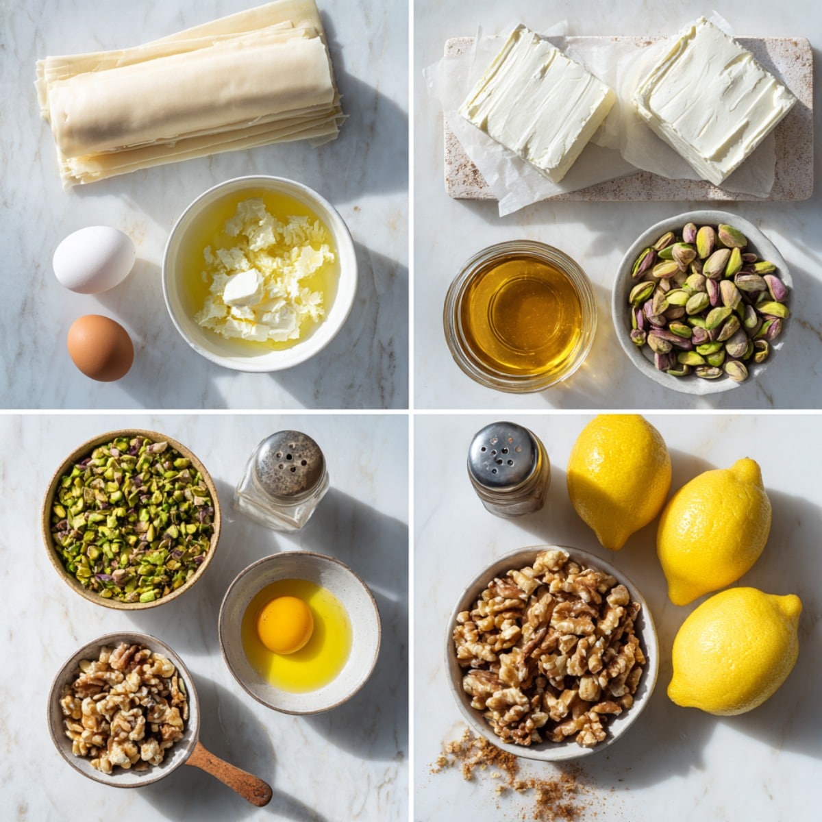 Ingredients for Honey Pistachio Baklava Cheesecake arranged in a 4-panel flat lay on a white marble kitchen counter.