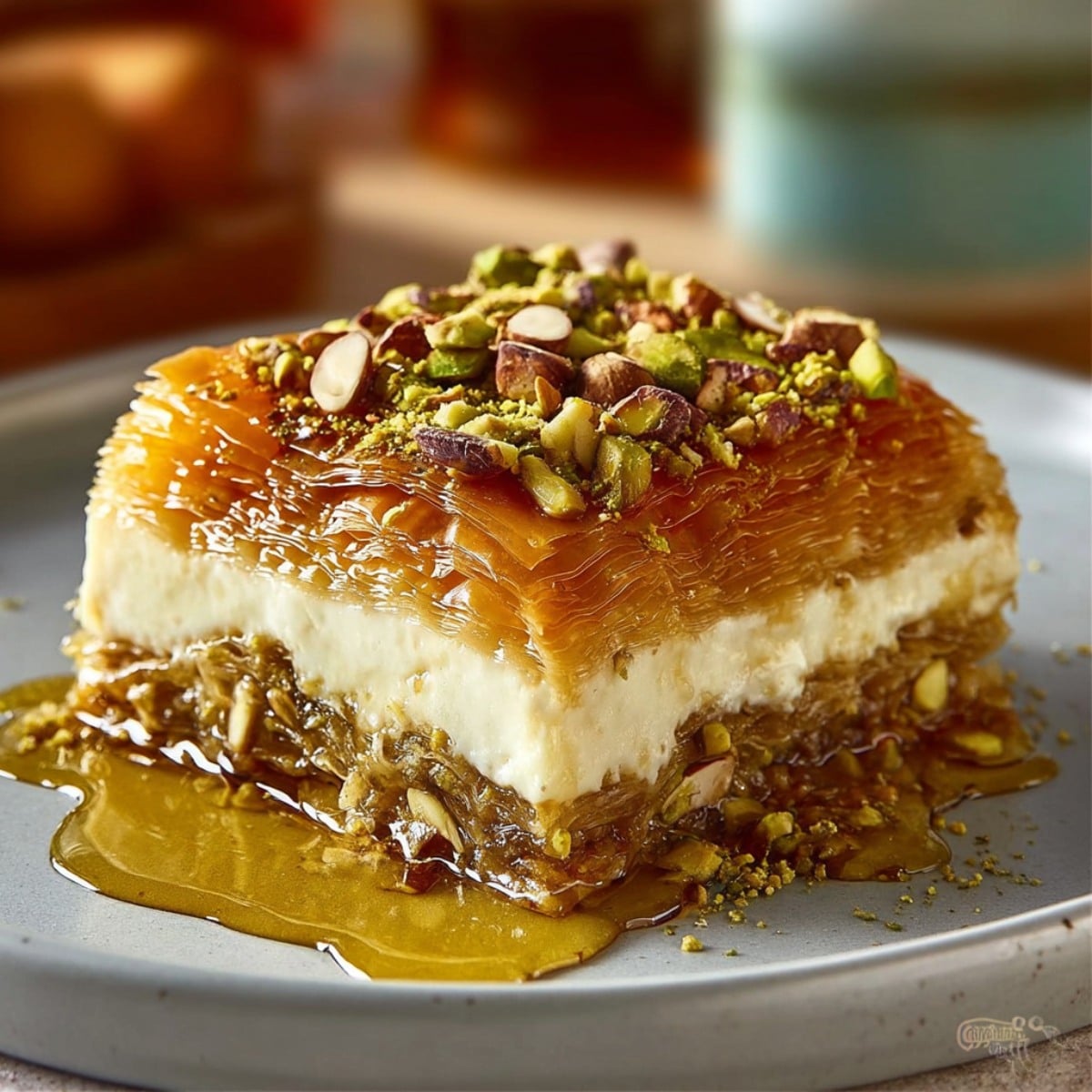 Honey pistachio baklava cheesecake with crispy phyllo layers, creamy cheesecake filling, chopped pistachios, and glossy honey syrup dripping onto the plate.