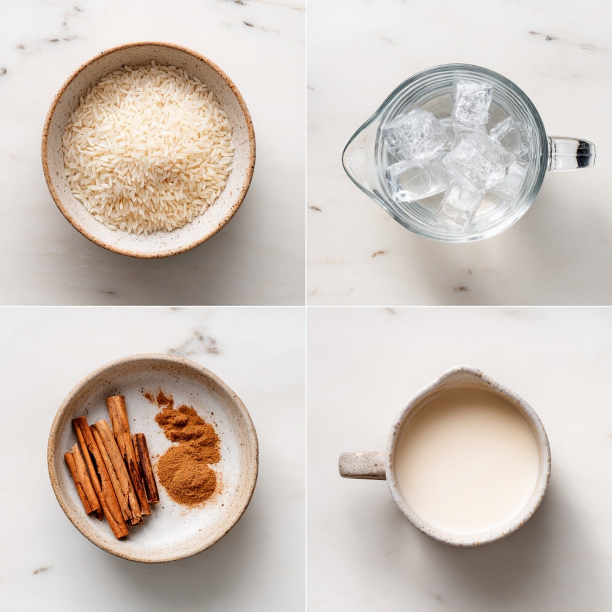 Ingredients for Horchata recipe arranged in a 4-panel flat lay on a white wooden table.