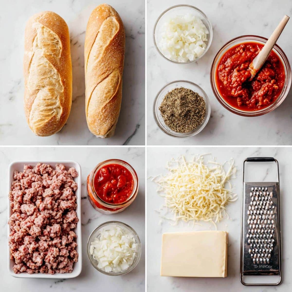 Ingredients for Italian Garlic Bread Sloppy Joes arranged in a 4-panel flat lay on a white marble kitchen counter.