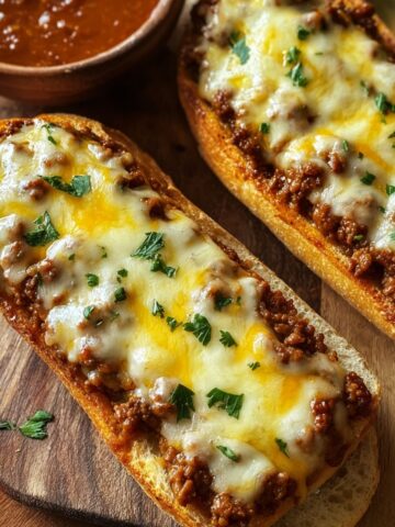 Italian garlic bread sloppy joes topped with melted cheese and savory beef sauce, served on toasted bread with a rich, hearty finish