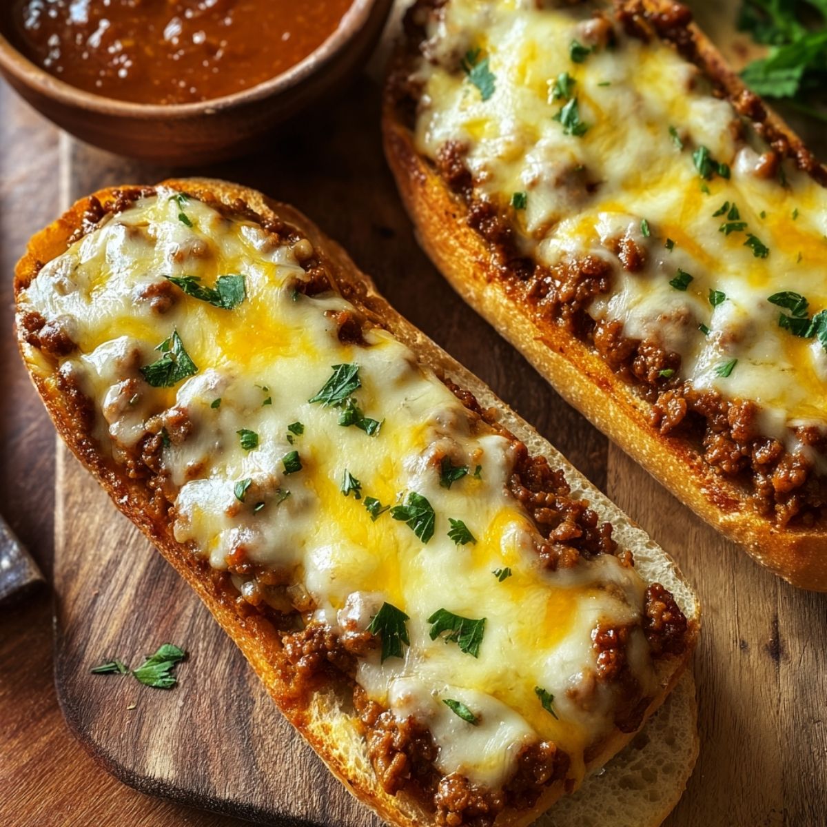 Italian garlic bread sloppy joes topped with melted cheese and savory beef sauce, served on toasted bread with a rich, hearty finish