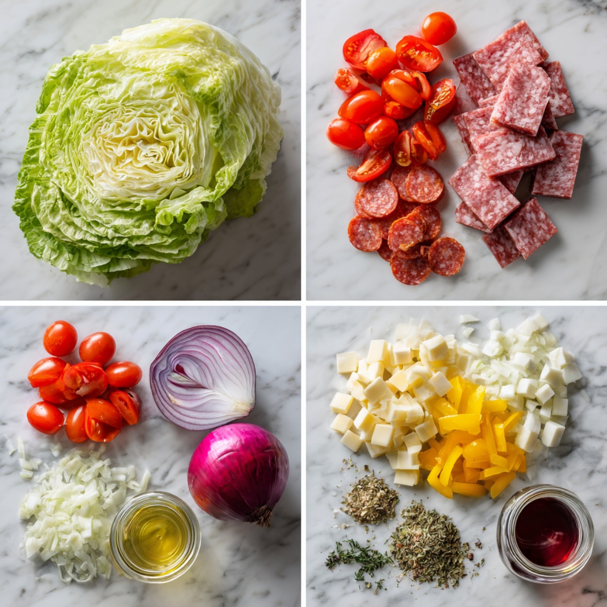 Ingredients for Italian Grinder Salad arranged in a 4-panel flat lay on a white marble kitchen counter.