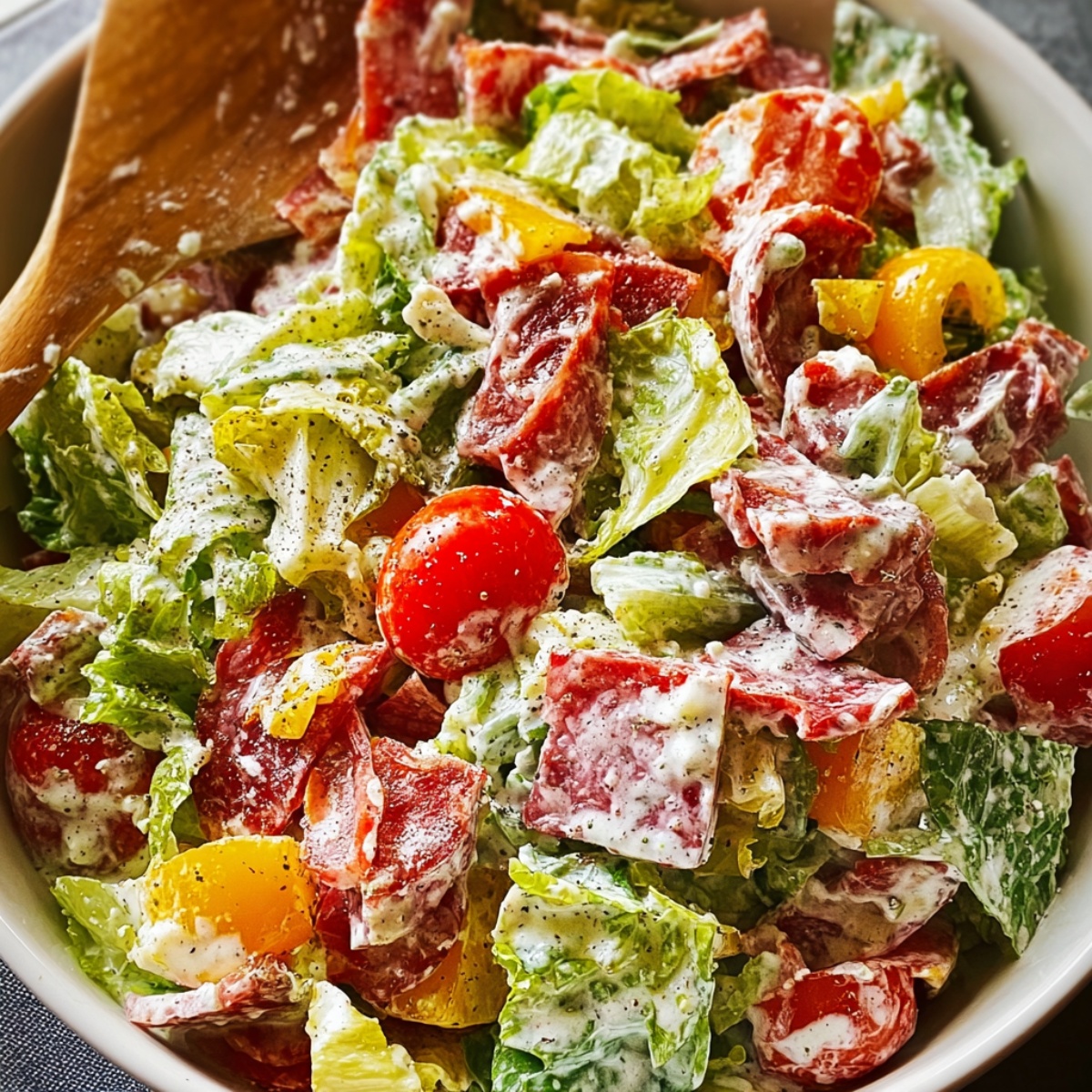 Italian grinder salad in a white bowl with chopped romaine lettuce, rolled salami and pepperoni slices, cubed provolone cheese, cherry tomatoes, yellow bell peppers, and pepperoncini coated in creamy Italian dressing with grated Parmesan and cracked black pepper, served with wooden spoons
