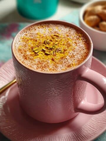 Kashmiri chai topped with crushed pistachios served in a pink cup on a saucer