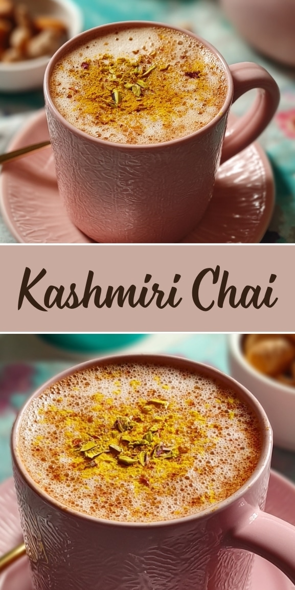 Kashmiri chai recipe pin featuring frothy pink tea topped with pistachios in a ceramic cup