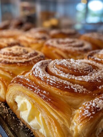 King’s Hawaiian cheesecake danish with flaky swirled pastry, creamy cheesecake filling, and powdered sugar topping on a bakery tray