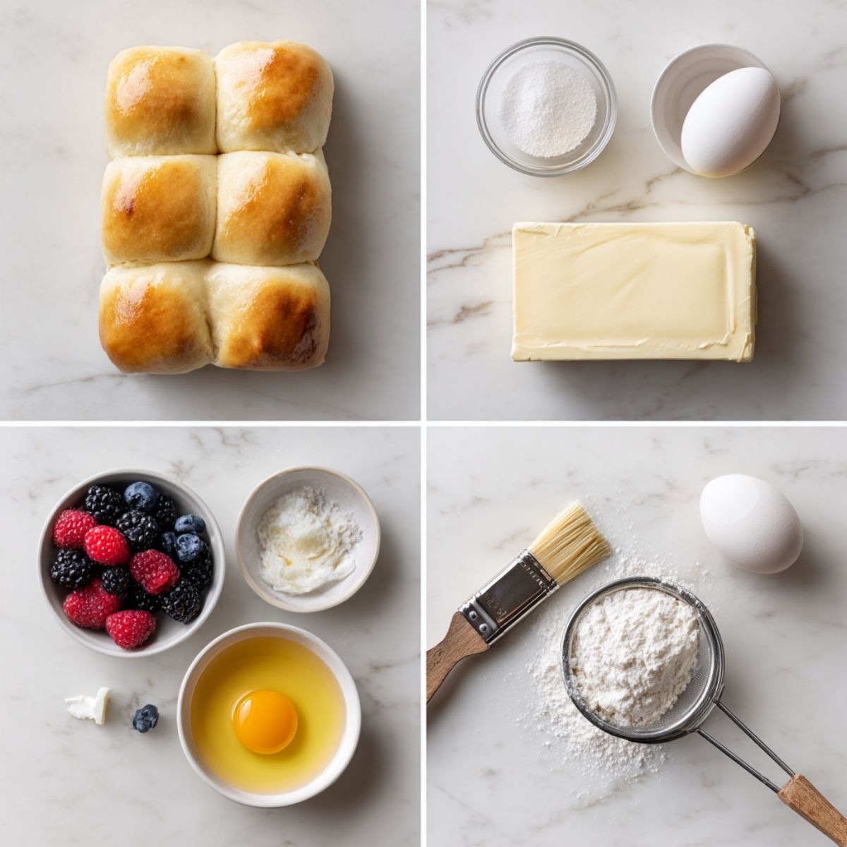 Ingredients for Kings Hawaiian Cheesecake Danish arranged in a 4-panel flat lay on a white marble kitchen counter.