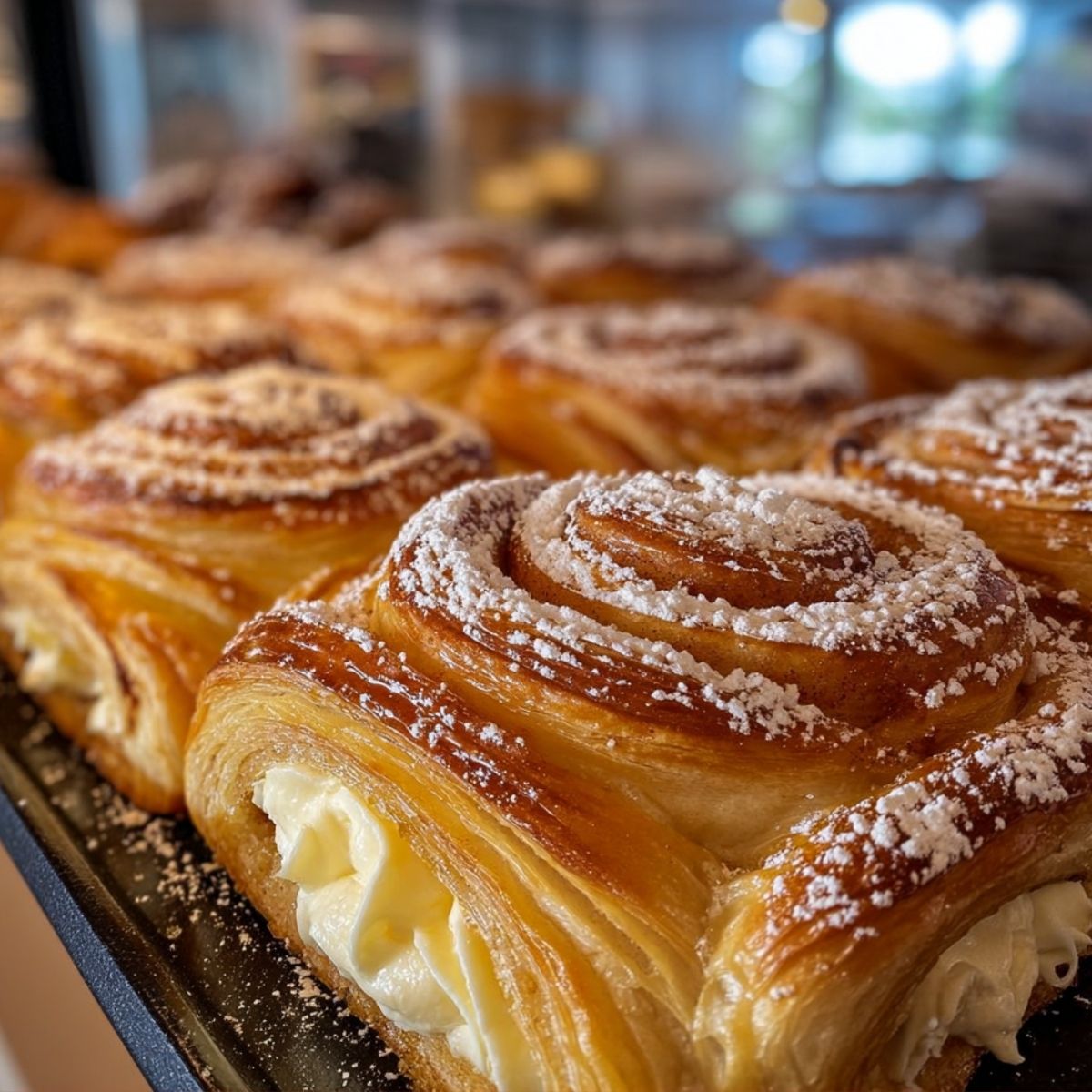 King’s Hawaiian cheesecake danish with flaky swirled pastry, creamy cheesecake filling, and powdered sugar topping on a bakery tray