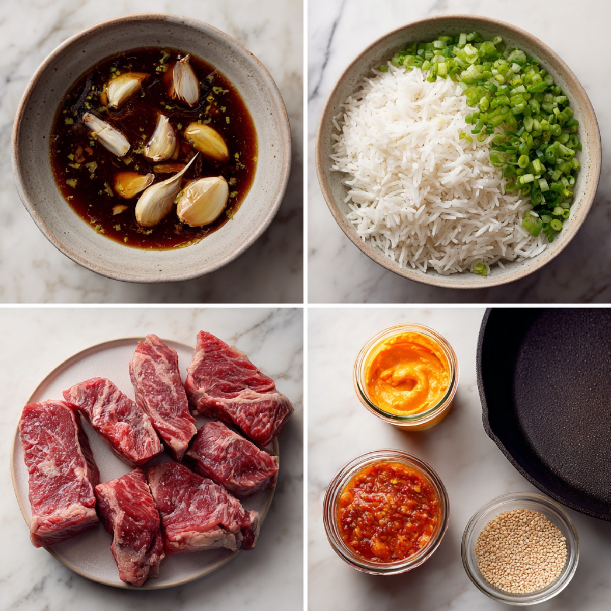Ingredients for Korean BBQ Steak Rice Bowls arranged in a 4-panel flat lay on a white marble kitchen counter.