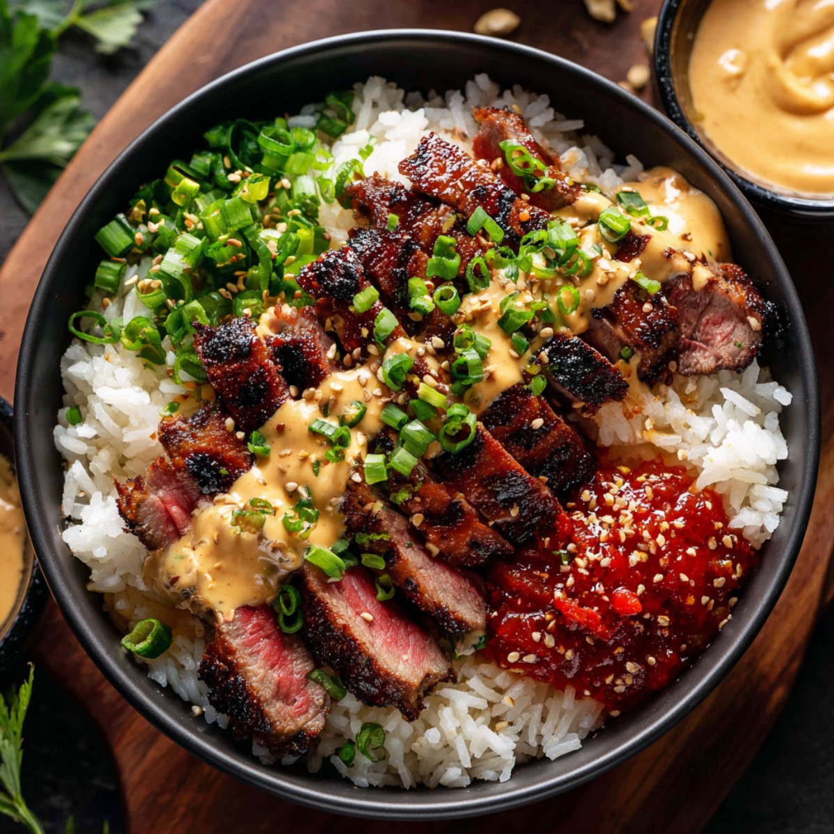 Korean BBQ steak rice bowl with sliced grilled steak showing char marks over white rice, drizzled with creamy yum yum sauce, topped with sliced green onions, sesame seeds, and gochujang (Korean red chili paste) on the side