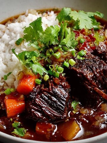 Korean-style pot roast featuring tender braised beef short ribs in glossy soy-ginger sauce with carrots and onions, served alongside steamed white rice and garnished with fresh cilantro and sliced green onions in a white bowl