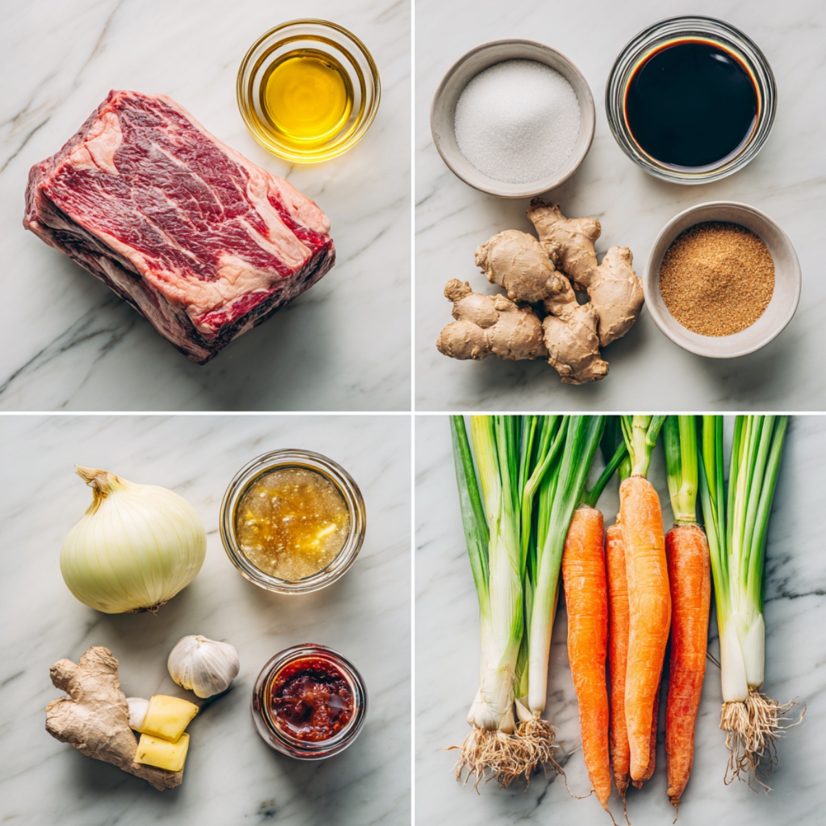 Ingredients for Korean Style Pot Roast arranged in a 4-panel flat lay on a white marble kitchen counter.