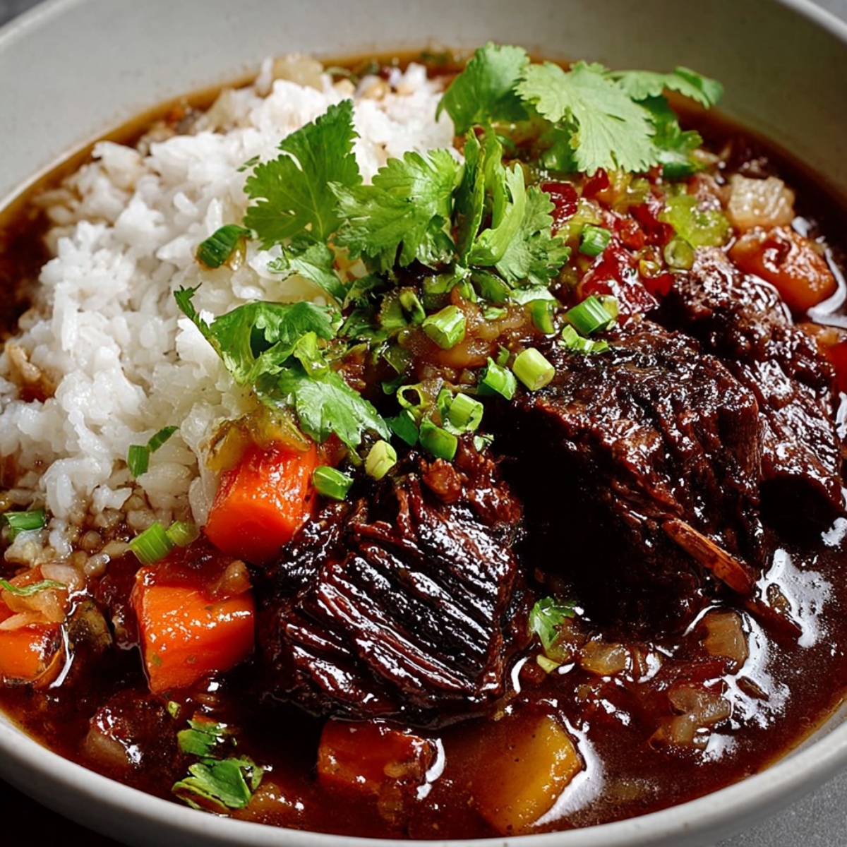 Korean-style pot roast featuring tender braised beef short ribs in glossy soy-ginger sauce with carrots and onions, served alongside steamed white rice and garnished with fresh cilantro and sliced green onions in a white bowl