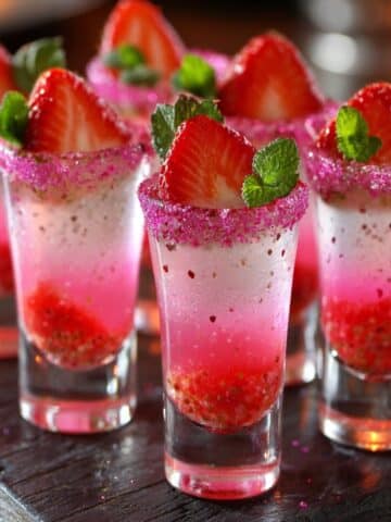 Lipstick Jungle shots made with strawberry puree, pink sugar rim, and fresh strawberry garnish