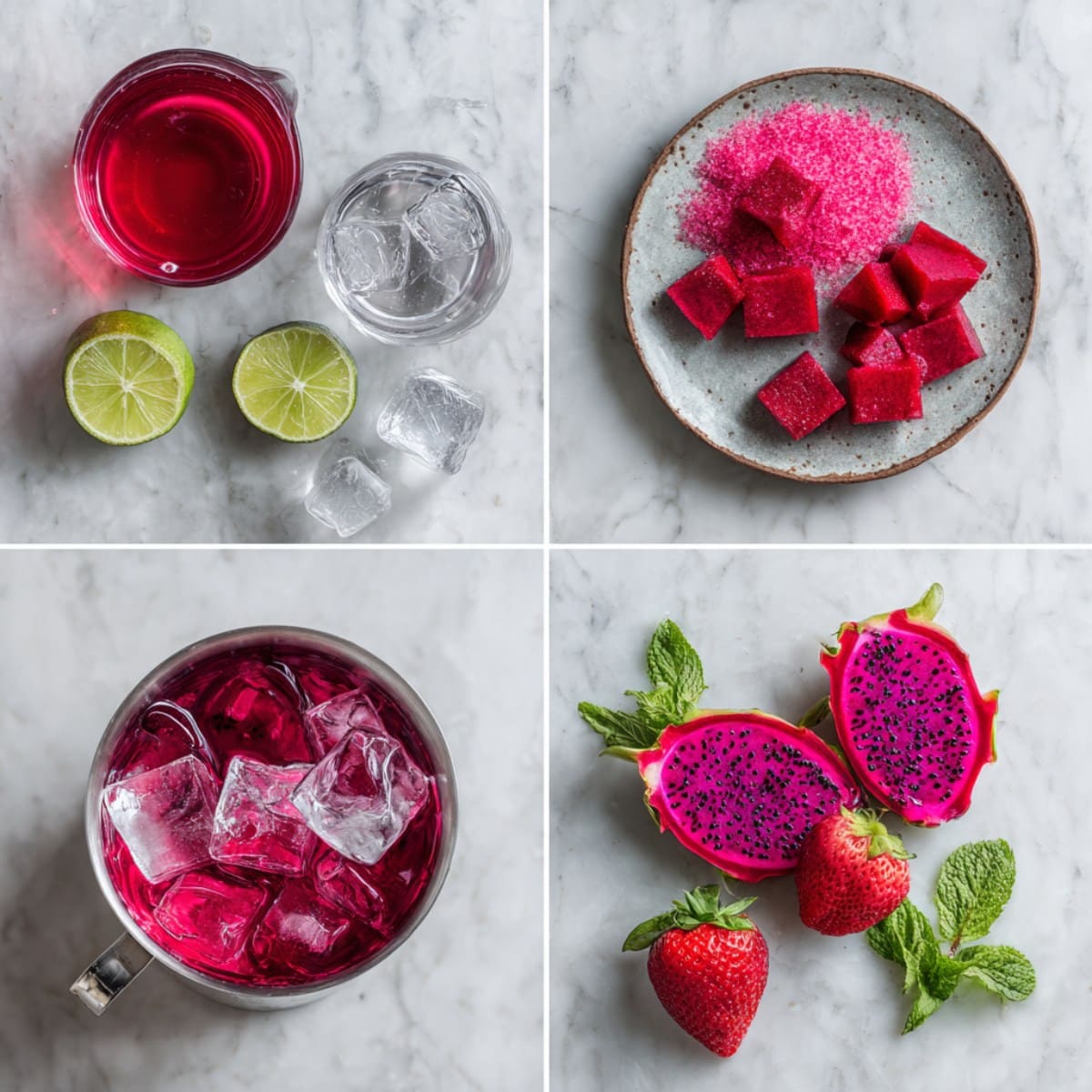 Ingredients for Lipstick Jungle Shots arranged in a 4-panel flat lay on a white marble kitchen counter.