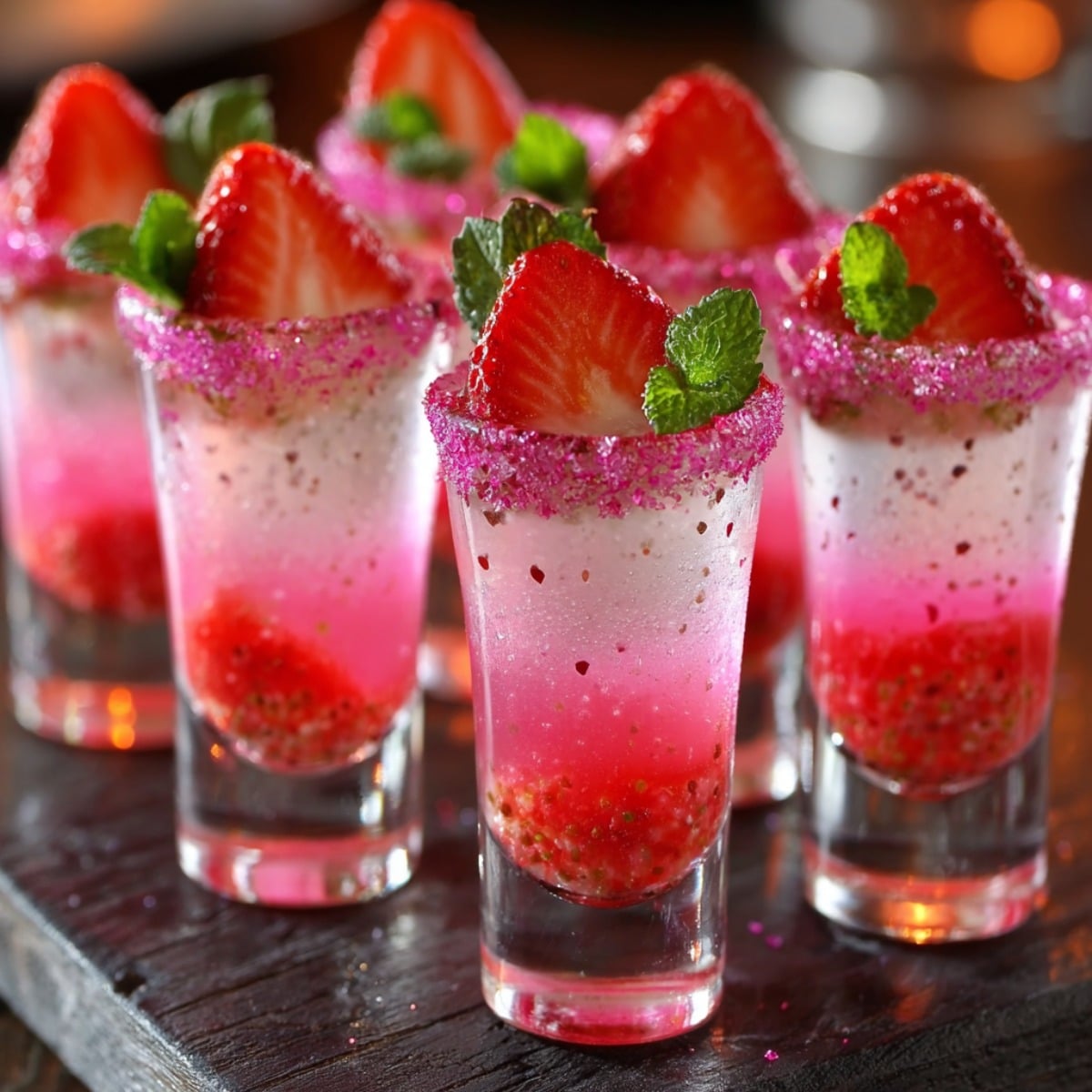 Lipstick Jungle shots made with strawberry puree, pink sugar rim, and fresh strawberry garnish