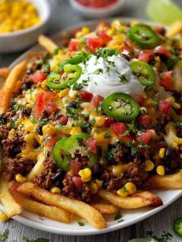 Loaded Spicy Tex-Mex Nacho Fries on a white plate featuring crispy french fries topped with seasoned ground beef, melted cheddar cheese, black beans, sweet corn, diced tomatoes, fresh jalapeño slices, sour cream, and cilantro, with lime wedges and small bowls of toppings in the background