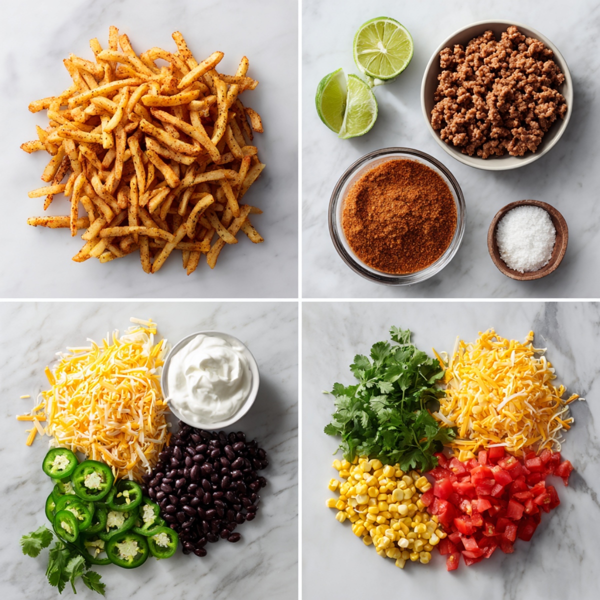Ingredients for Loaded Spicy Tex-Mex Nacho Fries arranged in a 4-panel flat lay on a white marble kitchen counter.