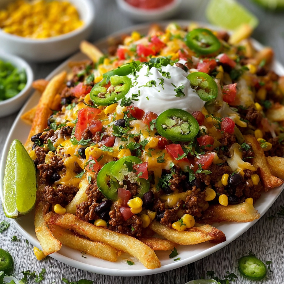 Loaded Spicy Tex-Mex Nacho Fries on a white plate featuring crispy french fries topped with seasoned ground beef, melted cheddar cheese, black beans, sweet corn, diced tomatoes, fresh jalapeño slices, sour cream, and cilantro, with lime wedges and small bowls of toppings in the background