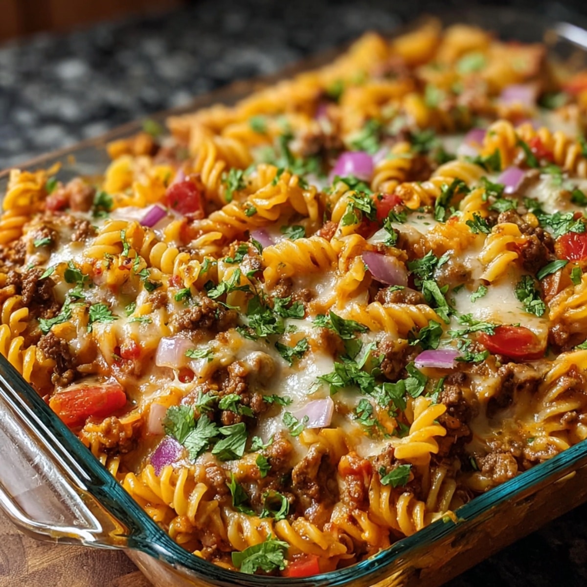 Loaded taco pasta bake with rotini noodles, seasoned ground beef, melted cheese, diced tomatoes, red onion, and fresh cilantro baked in a glass casserole dish.
