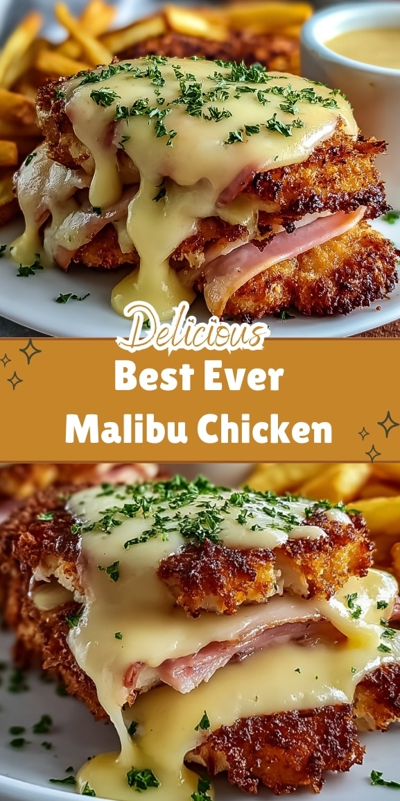 Crispy breaded Malibu chicken topped with melted Swiss cheese and ham, drizzled with creamy honey mustard sauce, served with fries in a vertical Pinterest-style food photo.
