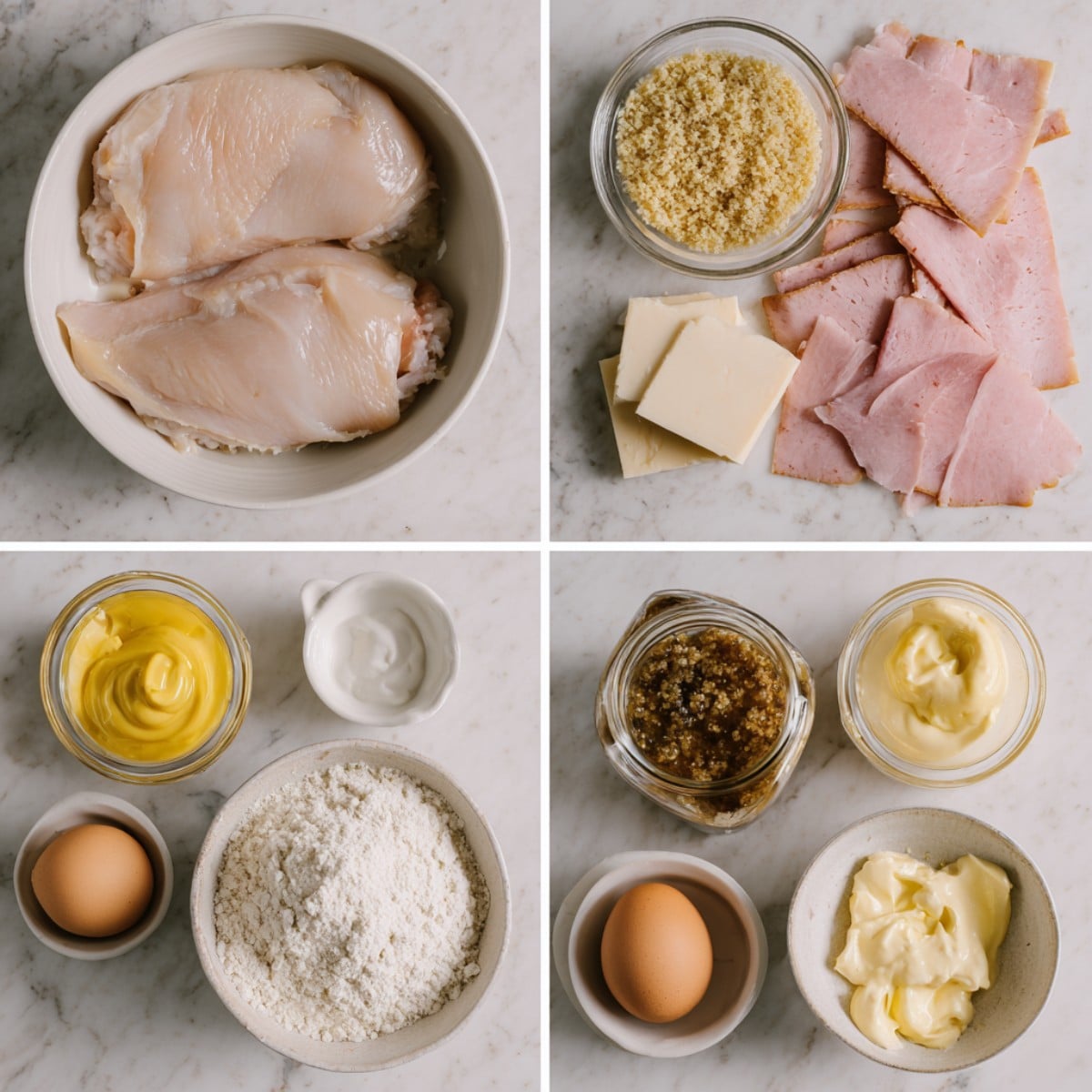Ingredients for Malibu chicken arranged in a 4-panel flat lay on a white marble kitchen counter.