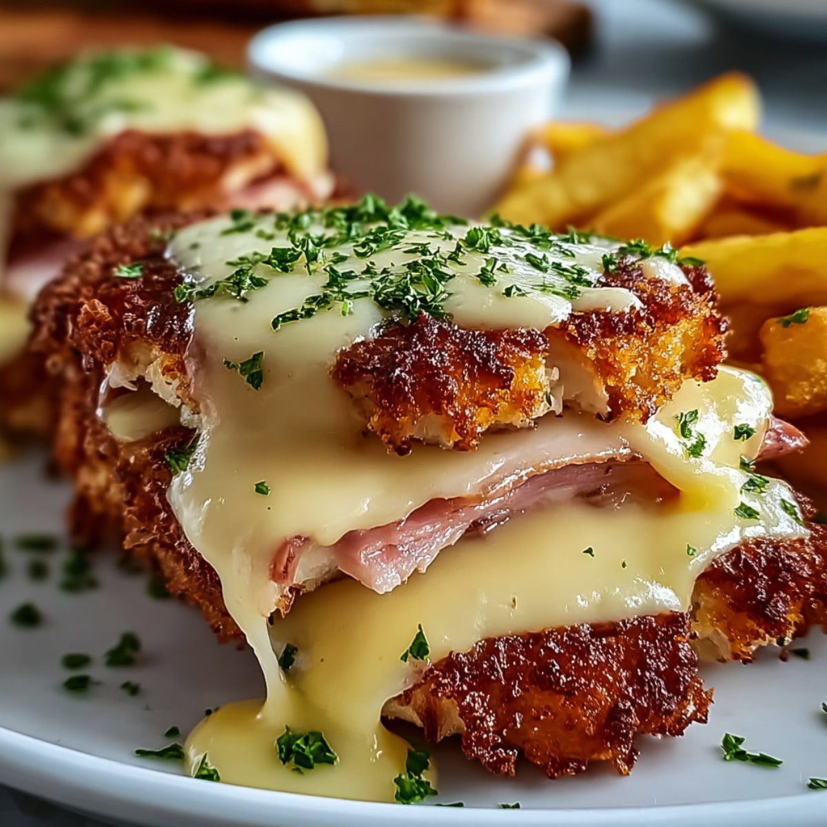 Crispy Malibu chicken topped with ham and melted Swiss cheese, drizzled with creamy honey mustard sauce and garnished with parsley, served with golden fries on a white plate.