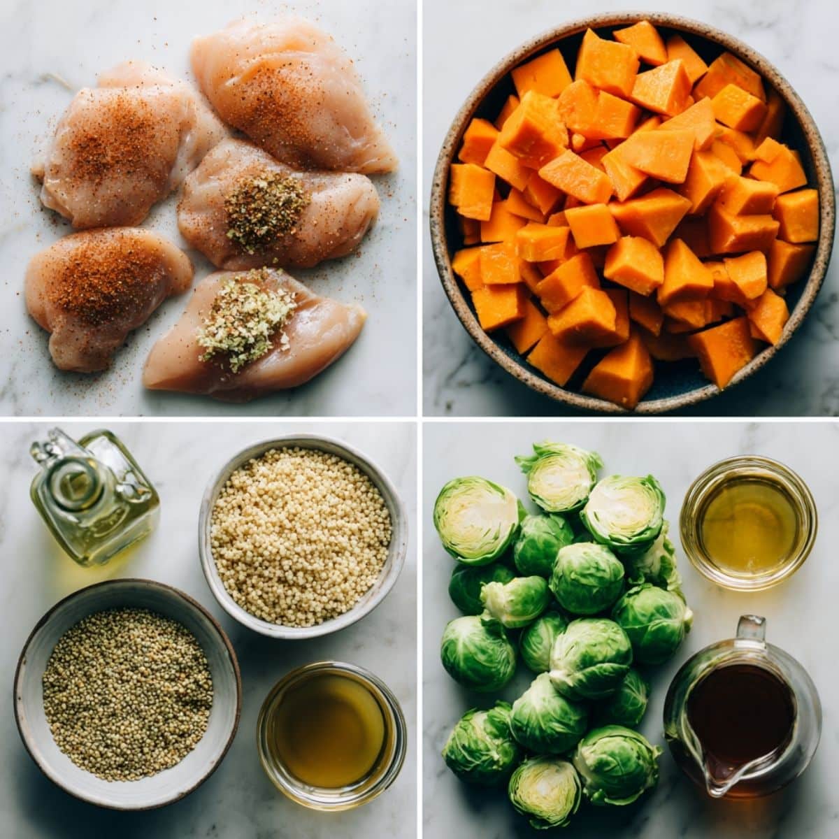 Ingredients for Maple Dijon Chicken Sweet Potato Bowls arranged in a 4-panel flat lay on a white marble kitchen counter.