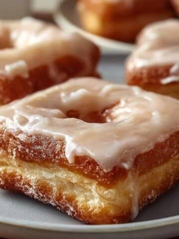 Soft maple donut bars with a thick vanilla glaze, golden fried edges, and a fluffy cake-like interior on a plate